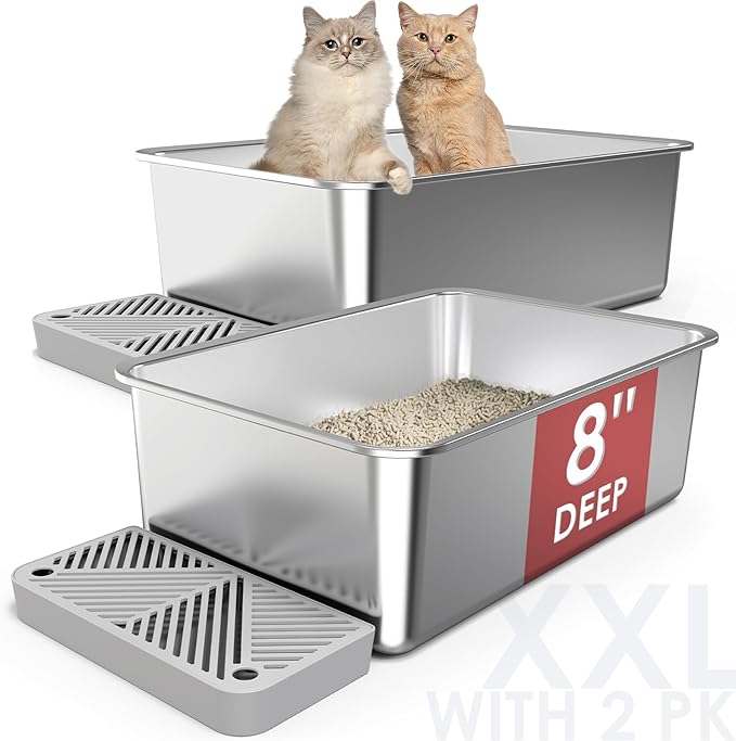 2 Pack 23.6"x 15.7"x 8" Extra Deep & Large Stainless Steel Litter Box for Big Cats, Non-Stick Odorless Metal Litter Box, XL Stainless Steel Pan with Footboard, Cat Litter Box Litter Tray