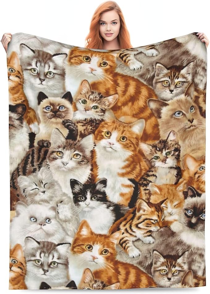 Cute Cat Design Flannel Fleece Bed Blanket Throw Blanket Lightweight Cozy Plush Blanket for Bedroom Living Rooms Sofa Couch 50"x40"
