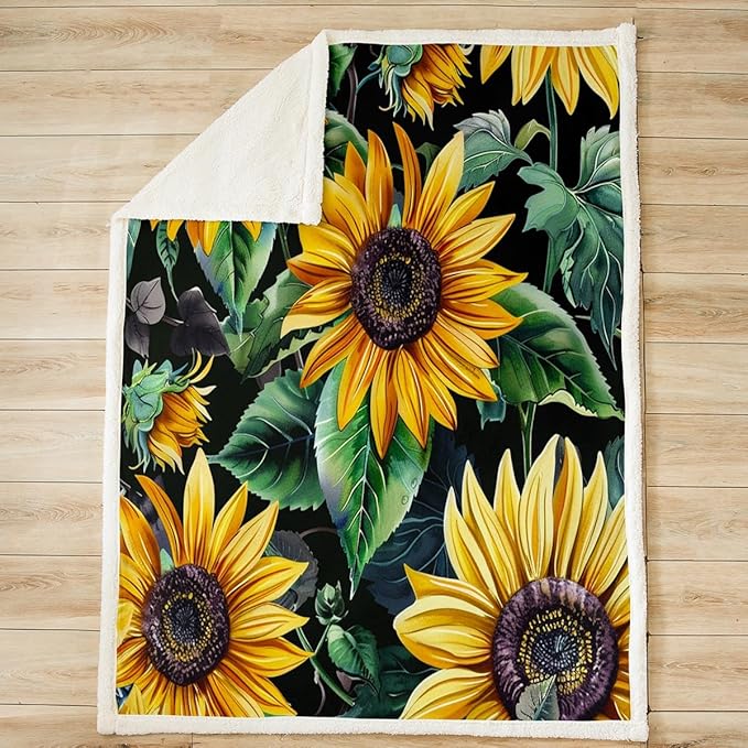 Sunflower Plush Blanket Floral Print Fleece Throw Blanket Blossom Flowers Pattern Sherpa Blanket for Sofa Couch Bed Botanical Branches Garden Fuzzy Blanket Room Decor Throw 50x60 Inch