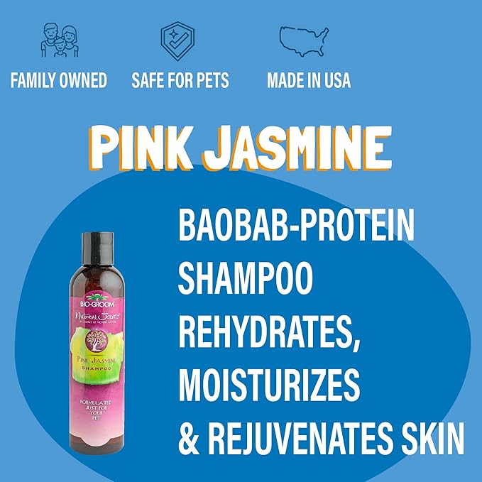 Bio-Groom Pink Jasmine Dog Shampoo - Natural Scent Pet Shampoo, Baobab Protein, Cat & Dog Bathing Supplies, Puppy Wash, Cruelty-Free, Made in USA, Quick Rinse Cat Shampoo - 8 fl oz 1-Pack