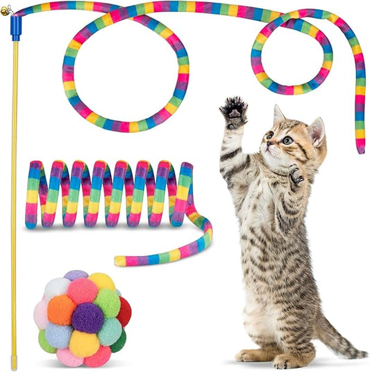 Retro Shaw Cat Toys, Cat Wand Teaser Toys Cat Fuzzy Balls with Bell Inside and Cat Springs, Interactive Cat Toys for Indoor Cats Kittens Kitty, 3 Pack