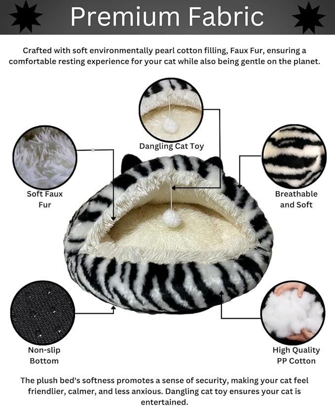 Hooded Plush Cat Bed Cave, Comfy for Indoor Cats, Calming Soft Faux Fur, Anti-Anxiety Plush Hooded Cat Cave with Fluffy Hanging Ball, Washable Anti-Slip, Playful Cat Bed(Black/White, M)