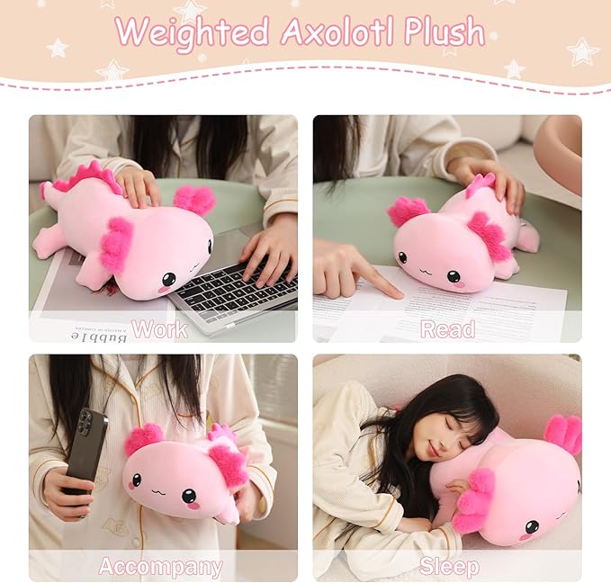 SQEQE Weighted Axolotl Plush, Weighted Axolotl Stuffed Animal, Cute Plushies Soft Pink Pillow Toy Gift for Kids Adults 13.8 Inch, 1.6 Lbs