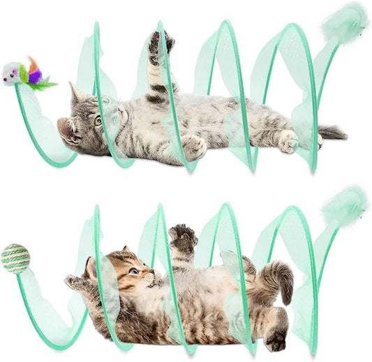 2 Packs Folded Cats Tunnel Spring Toy, Kitten for Indoor Cats Collapsible Cute Tunnel Foldable Pet Played Bed Interactive Toy with Feather Mouse Hemp Ball Green Elastic Tubes Attract Cat