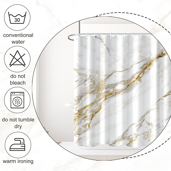 AWERT Abstract Minimalism White and Gold Ink Art Marble Shower Curtain for Bathroom Modern High Definition Printing Waterproof Shower Curtain with Hooks Bathroom Decor 72x72inch