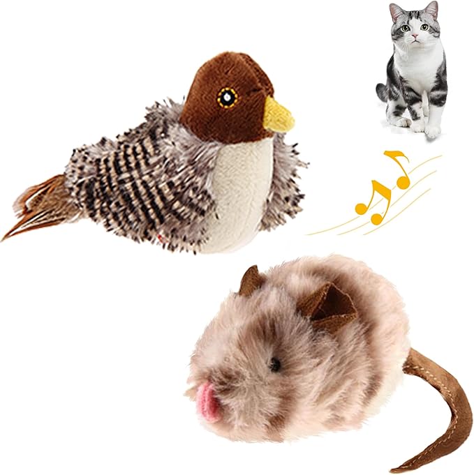 PETGEEK GiGwi Chirping Bird Cat Toys 2 Pcs - Melody Chaser Realistic Bird & Mouse Plush Toy - Hangable Design Best Gift for Birthday, Thanksgiving, Christmas, New Year (Bird Mouse Set)