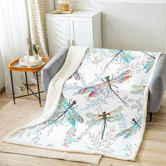 Dragonfly Throw Blanket Kids Ornamental Dragonfly Printed Fuzzy Blanket for Bed Sofa Couch Floral Flying Animal Fleece Sherpa Blanket Watercolor Teal Pink Botanical Plush Blanket Throw 50"x60"