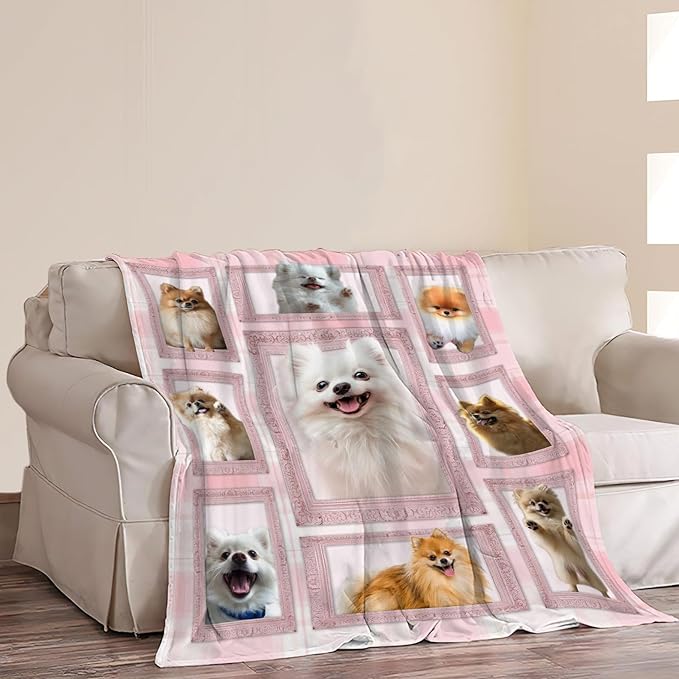 Cute Pomeranian Dog Blanket Pink Pomeranian Decor Throw Blanket Super Warm Soft Plush Lightweight Fleece Flannel Blanket Gifts for Dog Lovers Girls Women Boys Kids for Winter Couch Bedding 60"X80"