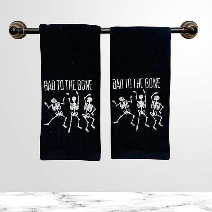 Halloween Bath Hand Towels 16”x25” Black Embroidered Cotton with Skeletons “Bad to The Bone” Set of 2 Fun Spooky Bathroom Decor for Fall Parties