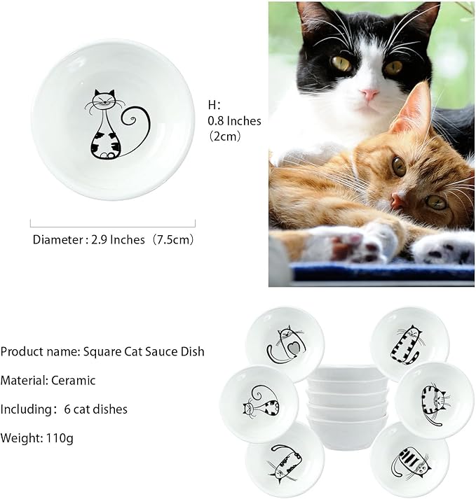 BigNoseDeer Super Cute Cat Ceramic Sauce Dish,Mini Side Seasoning Dish,Condiment Dishes,Sushi Soy Dipping Bowl,Snack Serving Dishes,Meow Porcelain Small Saucer Set(Set of 6)