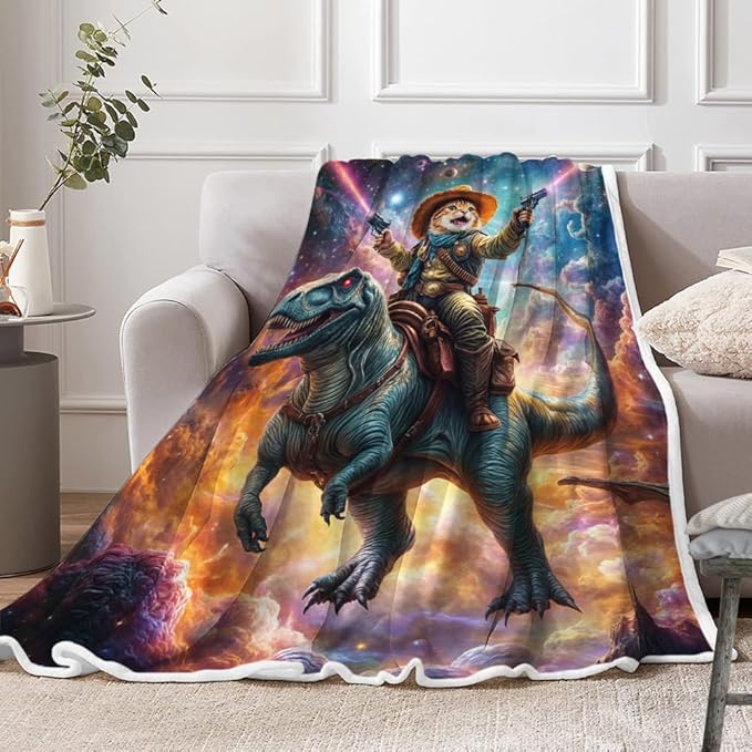 Cute Cat Dinosaur Blanket, Farmhouse Cool Cat Riding Dino in Blue Galaxy Space Rainbow Fleece Throw, Cozy Flannel Warm Soft Lightweight Fuzzy Blankets for Boys Girls Teens Women for Bed Sofa Couch