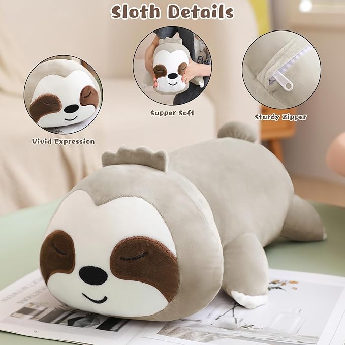 Sloth Stuffed Animal Cute Sloth Plush Pillow with 4 Baby Plushies in Her Tummy, Soft Cotton Stuffed Animals Toy Gifts for Kids