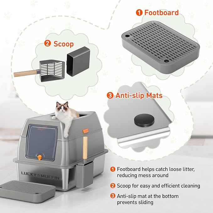 3 in 1 Premium Stainless Steel Cat Litter Box with Removable Lid, Enclosed XL Extra Large High-Sided Metal Box for Big Kitty with Scoop, Top Entry, Odor Control, Anti-Leakage, Non-Sticky & Easy Clean