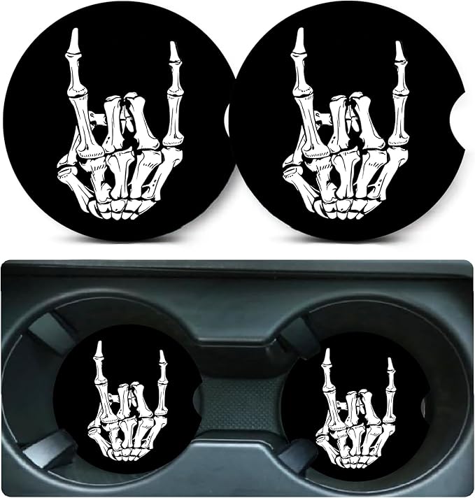 Car Coasters for Cup Holders,2 Pack Skull Skeleton Hand Car Cup Holder Coasters,2.75" Universal Size Anti Slip Rubber Mat,Middle Finger Skeleton Hand Skull Gifts for Women,Men,Mom