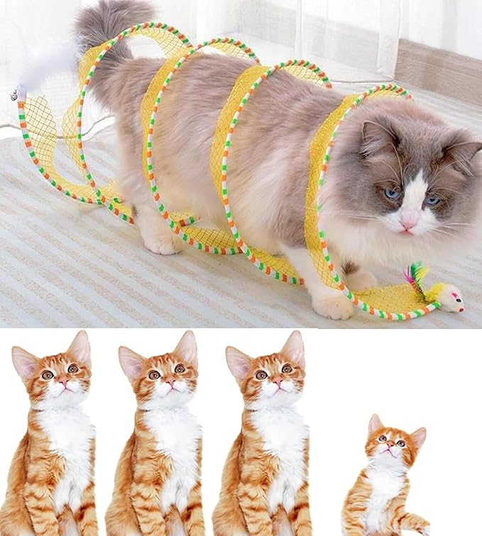 Cat Tunnel for Indoor Cats Folded Cat Tunnel Spring S-Shape Pet Entertainment Toy for Puppy, Kitty, Kitten, Rabbit (1Pack Yellow)