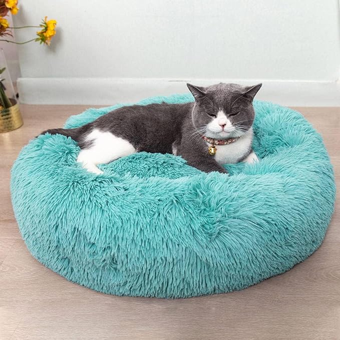 Cat Beds for Indoor Cats - Cat Bed Washable 20/24 inches, Dog Beds for Small Medium Dogs, Anti Anxiety Round Fluffy Plush Faux Fur Cat Bed, Thick Bottom (Blue, Medium)