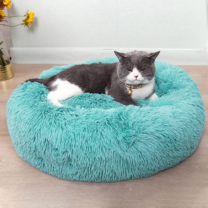 Cat Beds for Indoor Cats - Cat Bed Washable 24 inches, Dog Beds for Small Medium Dogs, Anti Anxiety Round Fluffy Plush Faux Fur Cat Bed, Thick Bottom (Blue, Large)