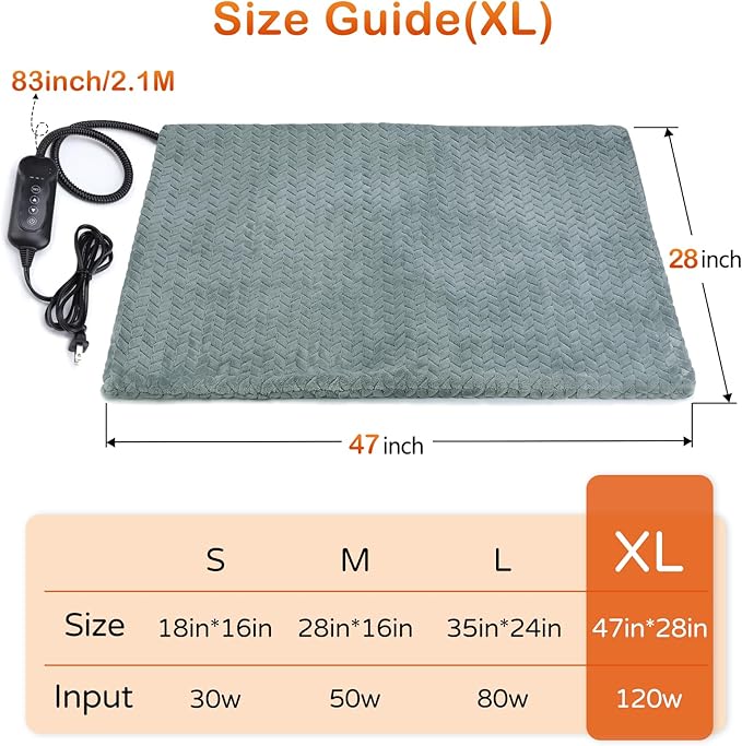 GASUR Heated Dog Bed, Waterproof Electric Dog Cat Heating Pad with Timer, Temperature Adjustable Heatded cat Bed for Winter,Auto Power-Off,Anti-bite Heating Pad for Dogs Cats-47''x28'', XLarge