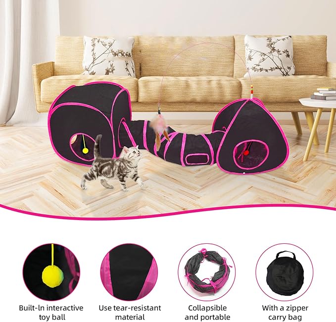 Cat Tunnels for Indoor Cats, Cat Tent, Cat Cube and Feather Cat Toy Collapsible Combo, with Interactive Cat Toy Ball, Cat Toy Set for Indoor Cat, Ferret, Guinea Pig, Rabbit, Bunny, Pink