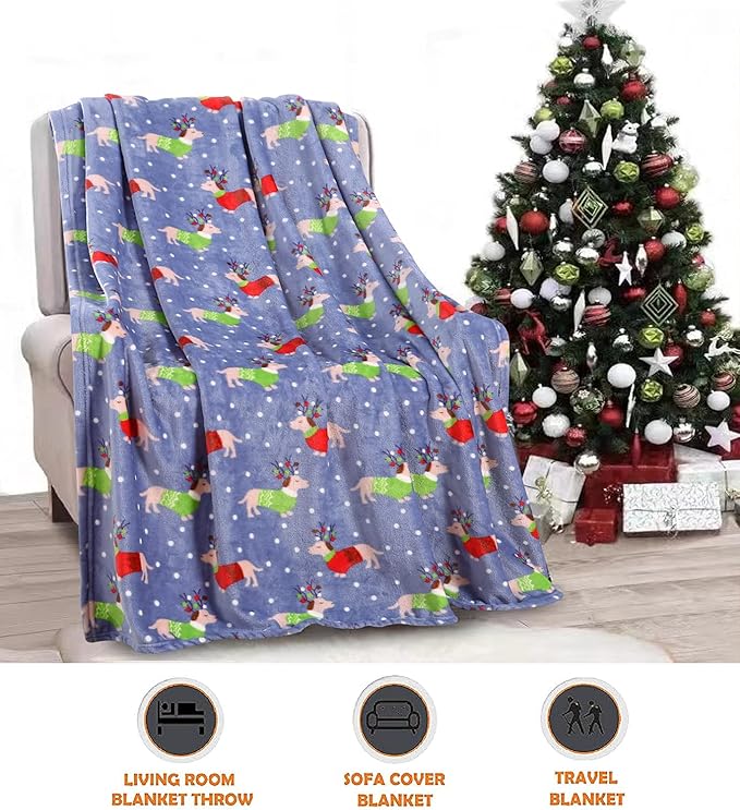 Elegant Comfort Luxury Velvet Super Soft Christmas Prints Fleece Blanket-Holiday Theme Home Décor Fuzzy Warm and Cozy Throws for Winter Bedding, Couch and Gift, 50 x 60 inch, Dogs in Sweater