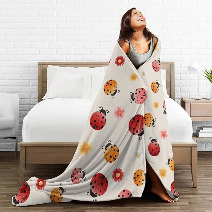 Ladybug Throw Blanket - Cute Decor Stuff Merch, Cozy Print Flannel Fleece, Soft Plush Fuzzy Warm Lightweight Bedding, Gifts for Women Men Girls Kids 50"X40"
