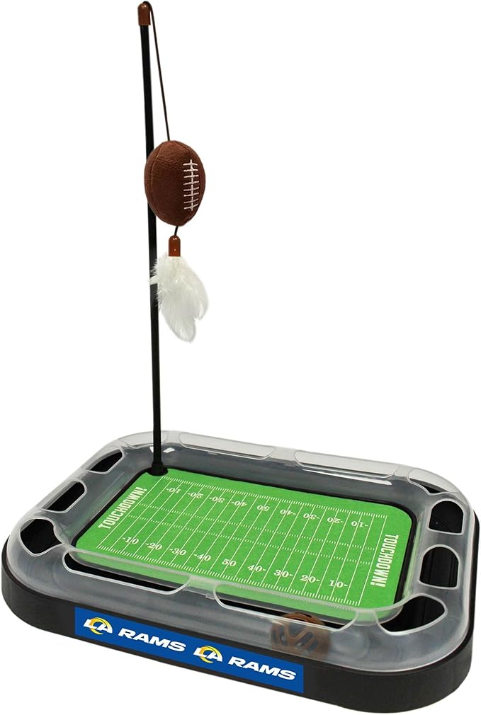 Cat Ball Track Toy NFL Los Angeles RAMS Football Field CAT Scratcher Toy with Catnip Filled Plush Football Toy&Feather Cat Toy Hanging, with Jingle Bell Interactive Ball Cat Chasing 5-in-1 Kitty Toy
