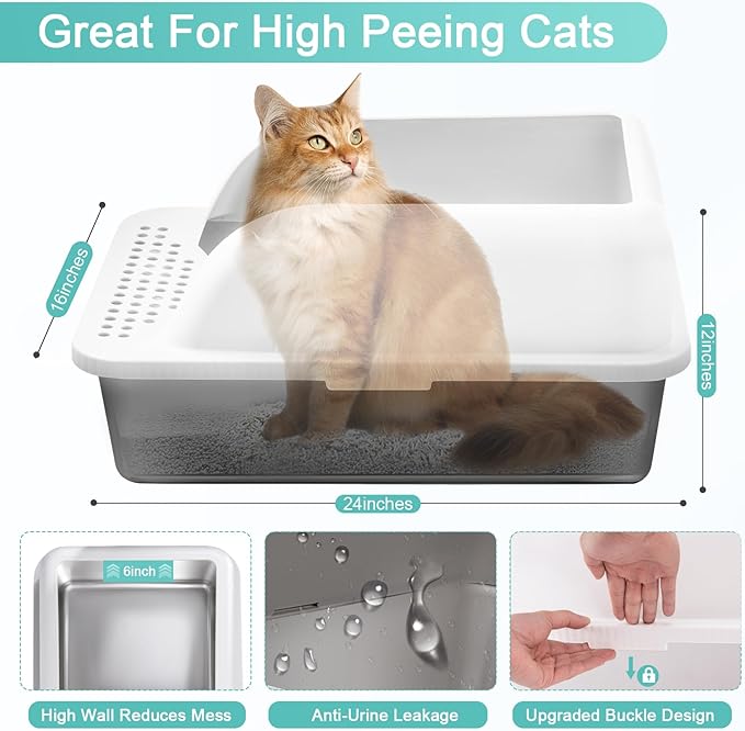 2 Pack XL Stainless Steel Litter Box Enclosure with Lid, Stainless Steel Cat Litter Pan for Big Cats, Large Metal Litter Box with High Wall, Easy Cleaning White Cover(Black Coated)