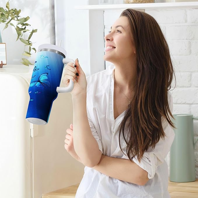 Boccsty Butterflies Blue Animal Insulated Tumblers Reusable Stainless Steel Tumbler 30 oz Cup Coffee Travel Mug Water Bottle with Handle & Flip Straw for Home Office Car