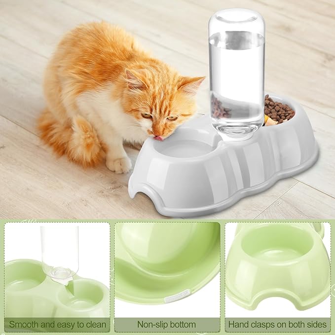 7 Pcs Small Cat Kitten Starter Kit Cat Litter Box with Shovel Cat Paw Litter Mat Double Automatic Cat Bowls Cat Toy Teaser Stick Cat Collar Essentials Kits for 1-3 Lbs Beginner (Green,Simple)