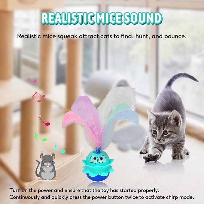 LEWISER Cat Toys Monster, 3in1 Rechargeable Automatic Interactive Cat Toy for Indoor Cats Exercise, Real Feathers, Silicone and Butterfly Tail, LED Lighting, Mice Squeak Chirping, Blue