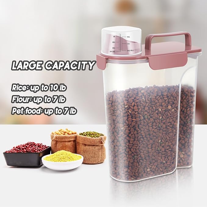 5-7Lbs Airtight Pet Storage Container For Cat Dog Bird Food and Keep Fresh, Translucent Body,Upgraded large nozzle for easy pouring With handle design Easy to carry when going out-pink
