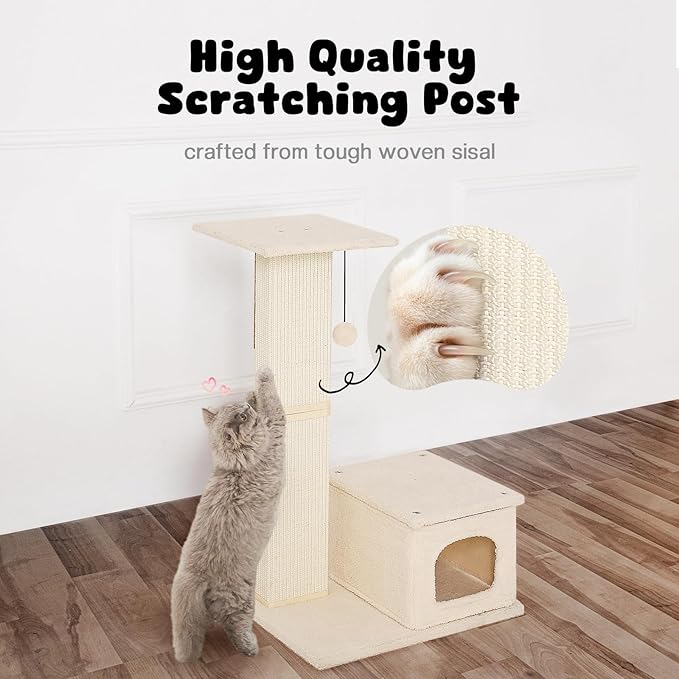 Small Cat Tree, 31 Inches Tall Cat Scratching Post with Perch & Condo, Natural Woven Sisal Cat Post Sctacher, Kitten Scratching Posts for Indoor Cats, Cat Scratch Tower with Fluffy Ball, Beige