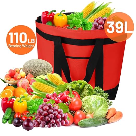 2Pk Insulated Reusable Tote Bag for Grocery Shopping for Women, Pizza/Food Delivery Bag to Keep Food Cold/Hot for Uber Eats/Doordash/Grubub, Cooler bags for Travel/Beach/Picnic, Red