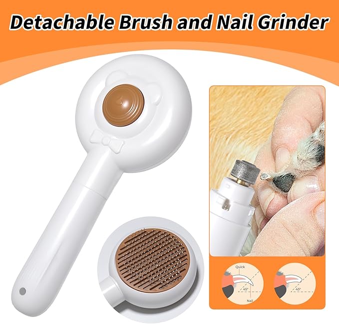 2 in 1 Pet Brush and Nail Grinder, Rechargeable Self-Cleaning Slicker Cat Brush for Shedding and Grooming, Pet Paws Nail Trimmers for Small & Medium Dogs
