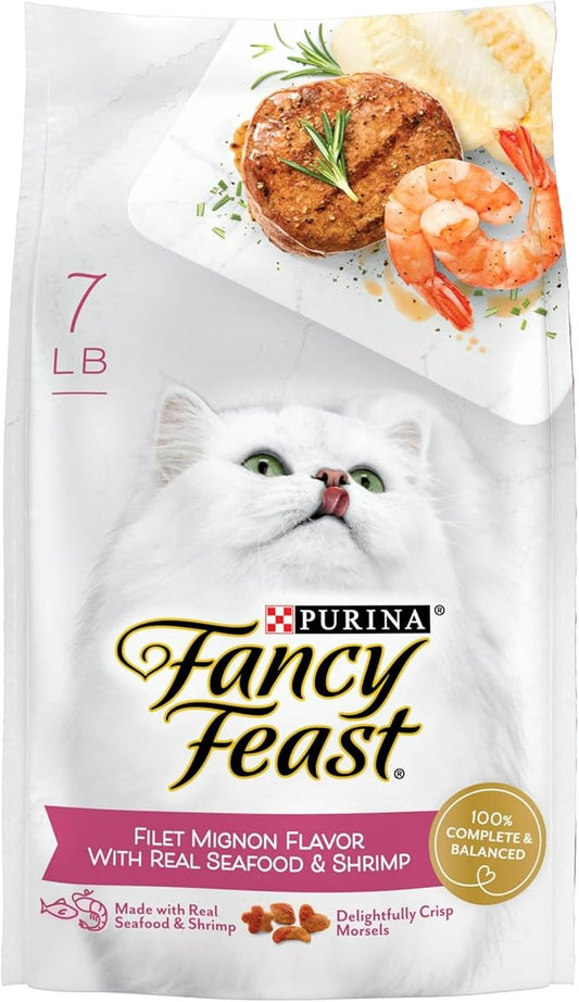 Dry Cat Food Filet Mignon Flavor with Seafood and Shrimp, Lightly Cooked and Basted to A Delicious, Delicately Crunchy Finish