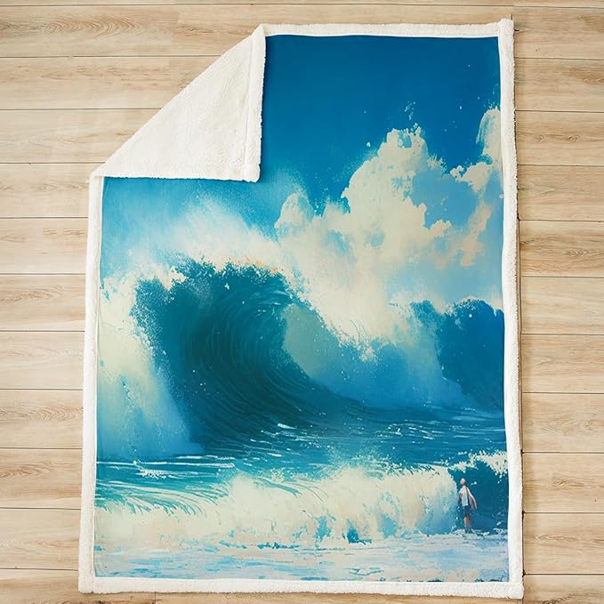 Feelyou Throw Blanket for Kids Adults Women Men Ocean Wave Sherpa Blanket for Bed Couch Hawaiian Tropical Wave Surfing Fleece Blue Sea Summer Plush Soft FuzzyQueen 90"x90"