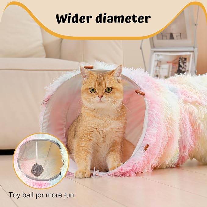Avont Cat Tunnel Bed with Central Washable Cushion - Large Cat Tunnel Tube Toys 3 Shape to Play for Indoor Cats Kittens Puppies Ferret, Round Plush Fluffy Cat Bed with Tunnels -Rainbow