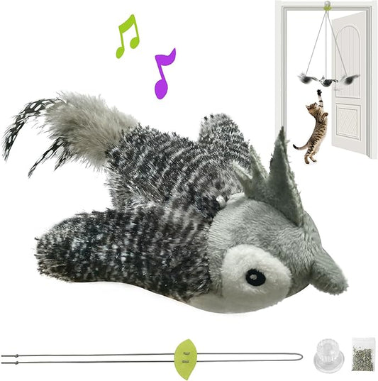 LEWISER Cat Toys Chirp Chickadee, Interactive Cat Feather Toys, Retractable Cat Teaser Toy, Hanging Toys for Indoor Cats Exercise, Kitten Kitty Fun Mental Physical Toys, Grey (1 Pack)