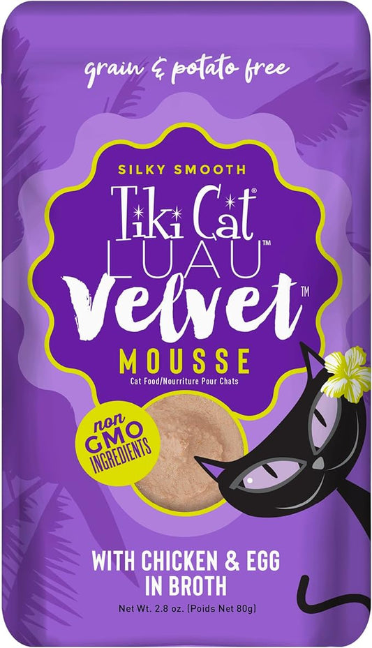 Tiki Cat Luau Velvet Mousse, Chicken & Egg in Broth, Complete Nutrition for Balanced Diet, Wet Cat Food For All Life Stages, 2.8 oz. Pouch (Pack of 12)
