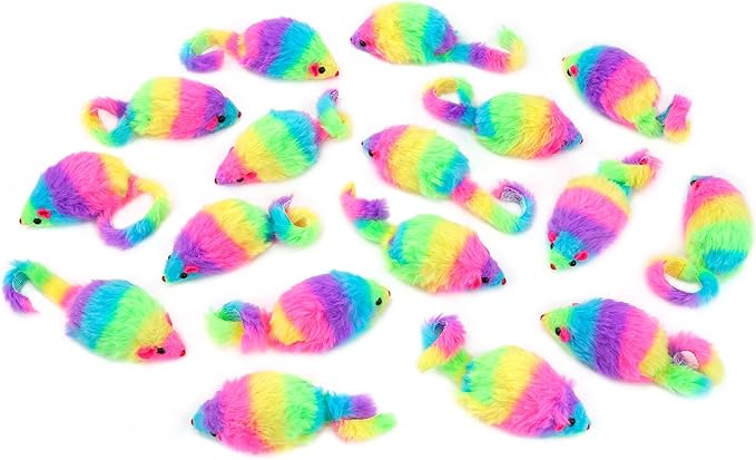 CHIWAVA 24PCS 2.8" Rainbow Color Furry Cat Toy Mice with Rattle Kitten Mouse Interactive Play