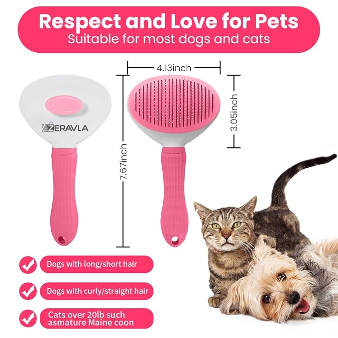 Cat & Dog Grooming Essentials: Self-Cleaning Slicker Brush for Shedding, Long Hair & Clicker for Training (PINK)