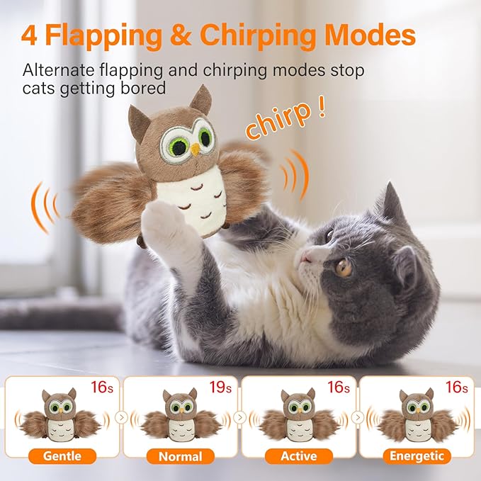 Cat Toys for Indoor Cats, Flapping Bird Cat Toy, Electric Simulated Chirping Bird Interactive Cat Toy with Flappy Wings, Rechargeable Touch Activated Cat Toys with Catnip and Feather - Owl