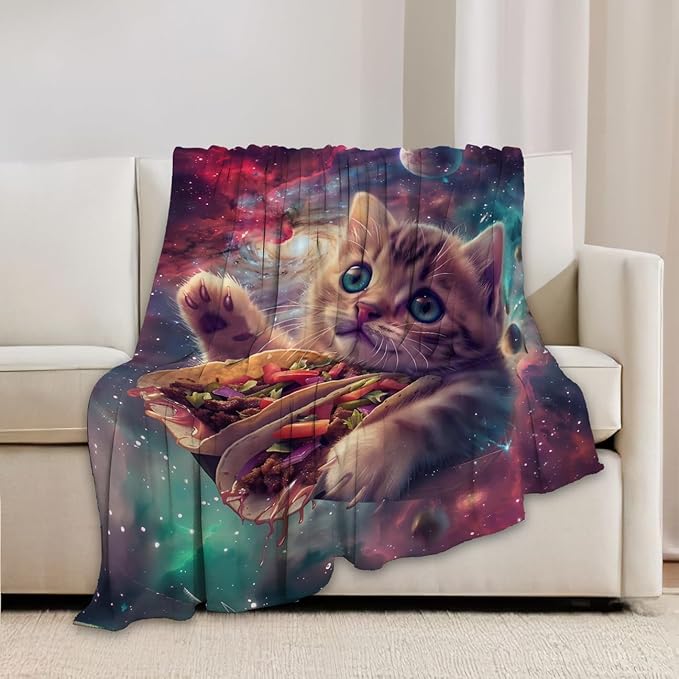 Funny Cat Print Blanket Food Taco Cute Kawaii Kitty Animal Galaxy Space Throw Blankets Gifts for Couch Sofa Bed Stuff Decor Soft Cozy Fleece Plush Warm Flannel Bedding for Lover Men Women 50"x60"