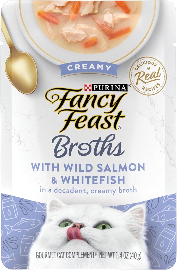 Purina Fancy Feast Lickable Wet Cat Food Broth Topper, Creamy Wild Salmon and Whitefish - (Pack of 16) 1.4 oz. Pouches