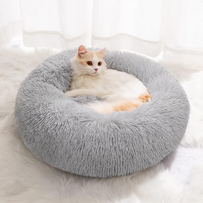 Small Cat Bed for Indoor Cats, Self-Warming Donut Kitty Bed for Small Cats Keeping Warm, Washable Pet Bed with Anti Slip Base, 20‘’ LightGrey