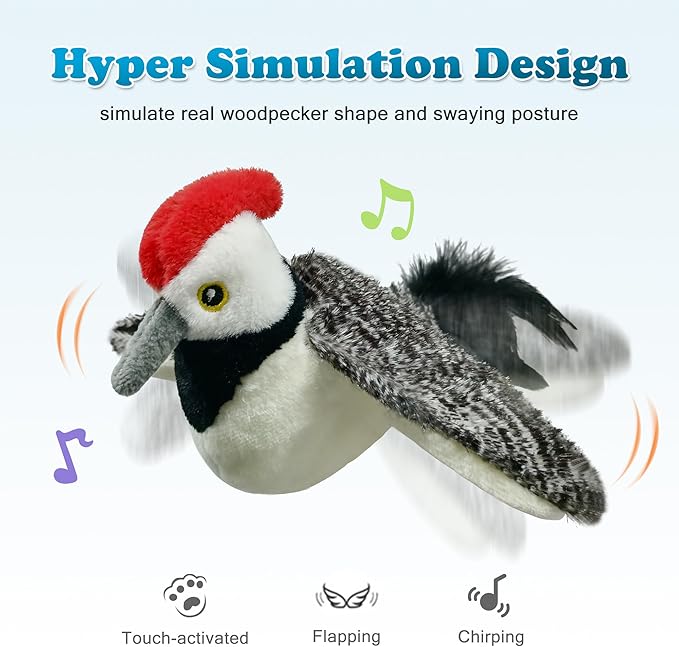 LEWISER Woodpecker Cat Toys, Rechargeable Simulation Bird Cat Toy, Flapping Wings and Lively Chirping, Interactive Catnip Toys for Kitten Kitty Exercise, Touch Activated