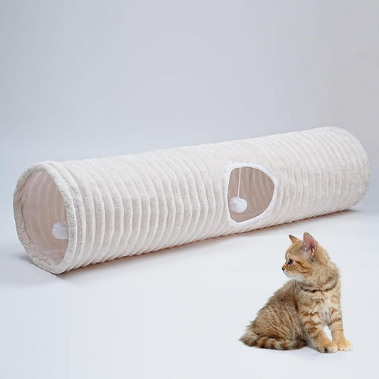 Luxurious Cat Tunnel,43" Straight Cat Tunnel Bed with Balls,Cat Toys for Indoor Cats,Collapsible Peekaboo Cat Cave for Kitten Toys（White Stripe）