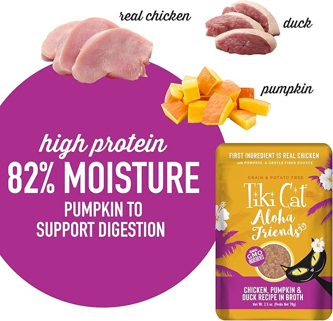 Tiki Cat Aloha Friends, Chicken, Pumpkin & Duck, Grain-Free & High Moisture, Wet Cat Food for All Life Stages 2.5 oz. Pouch (Pack of 12)