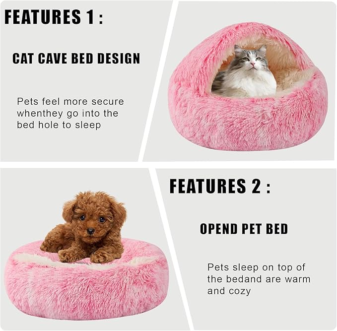 HYQ Dog Bed for Small Dogs, Cozy Cat Cave Bed, Cat Beds for Indoor Cats Washable, Non-Slip Cat Beds, Calming Dog Bed with Hooded Cover, Dog Bed with Cover for Small Medium Pets (Pink, 16×16 Inch)