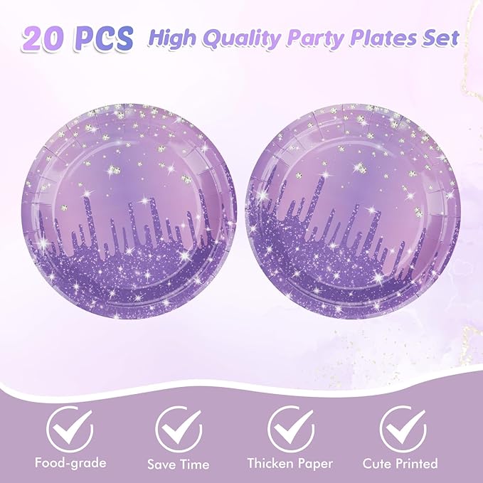 41Pcs Purple Birthday Party Decorations, Happy Birthday Party Tableware Includes 20 Paper Plates 20 Napkins and 1 Tablecloth, Purple Dinnerware for Women Girl Men Birthday Party Baby Shower Decoration